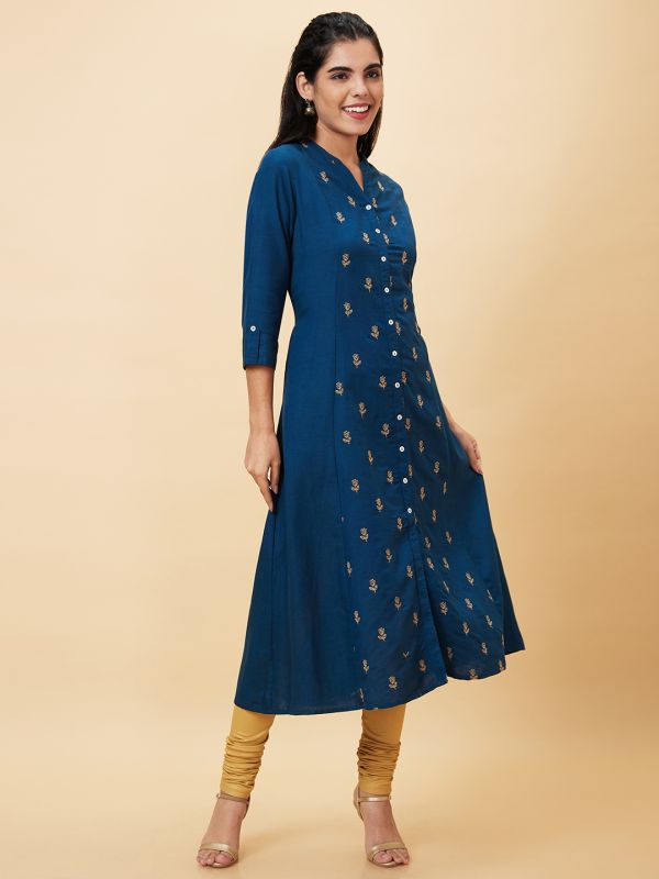 Globus Women Blue Embroidered Mandarin Collar Straight Kurta