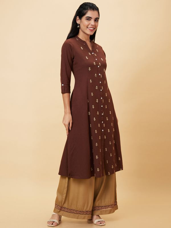 Globus Women Brown Embroidered Mandarin Collar A-Line Kurta