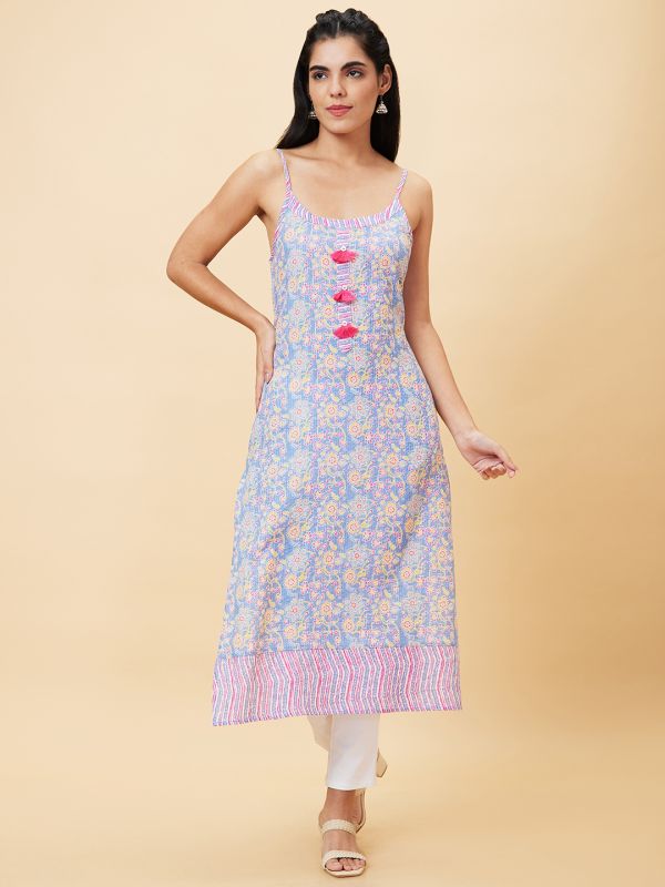 Globus Women Blue Printed Sleeveless Straight Kurta