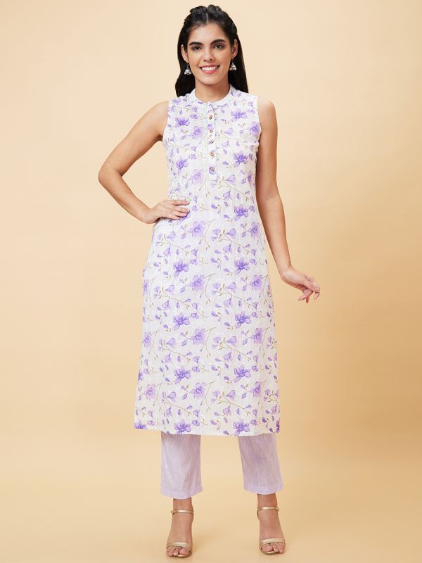 Globus Women Lilac Printed Straight Kurta Set with Trouser