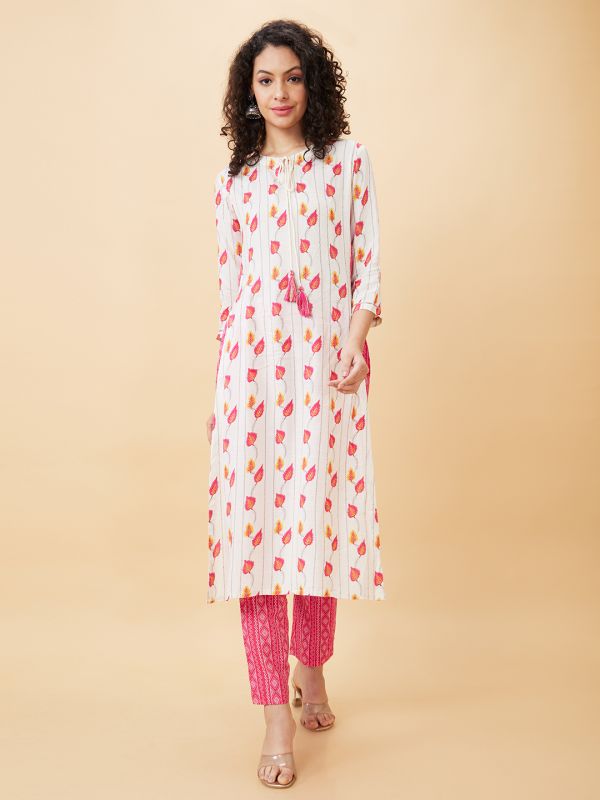 Globus Women Off White Printed Straight Kurta Set with Trouser