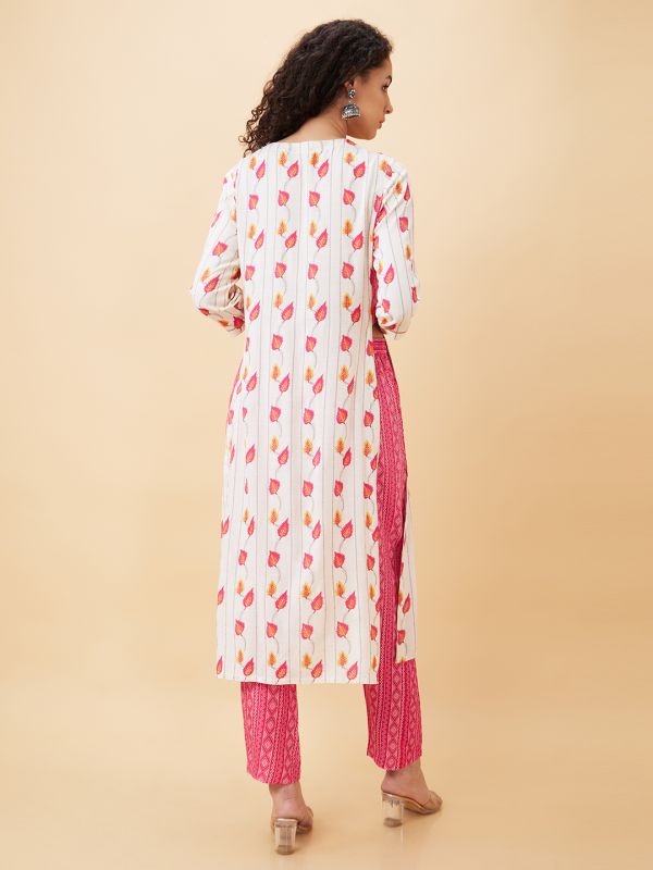 Globus Women Off White Printed Straight Kurta Set with Trouser