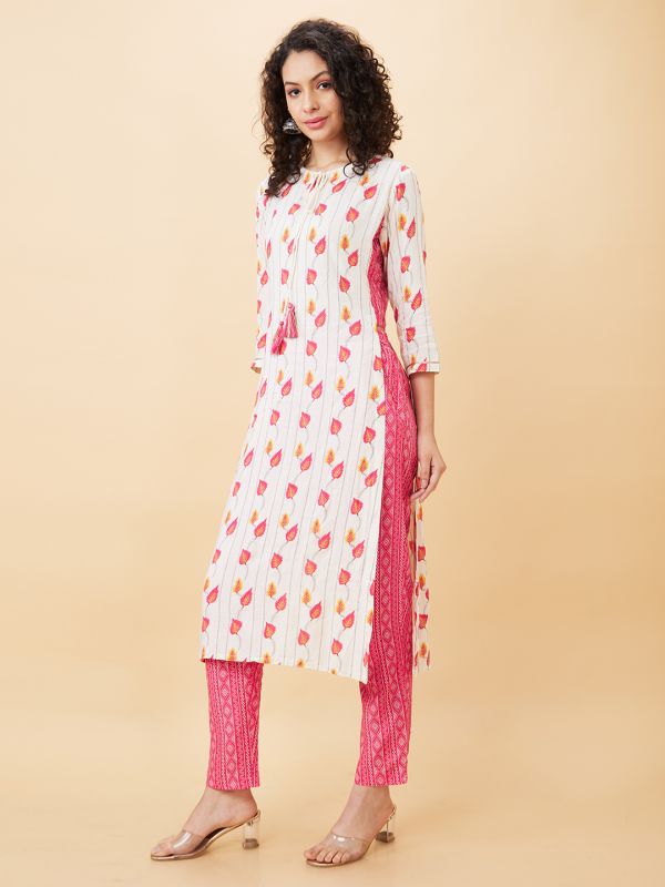 Globus Women Off White Printed Straight Kurta Set with Trouser