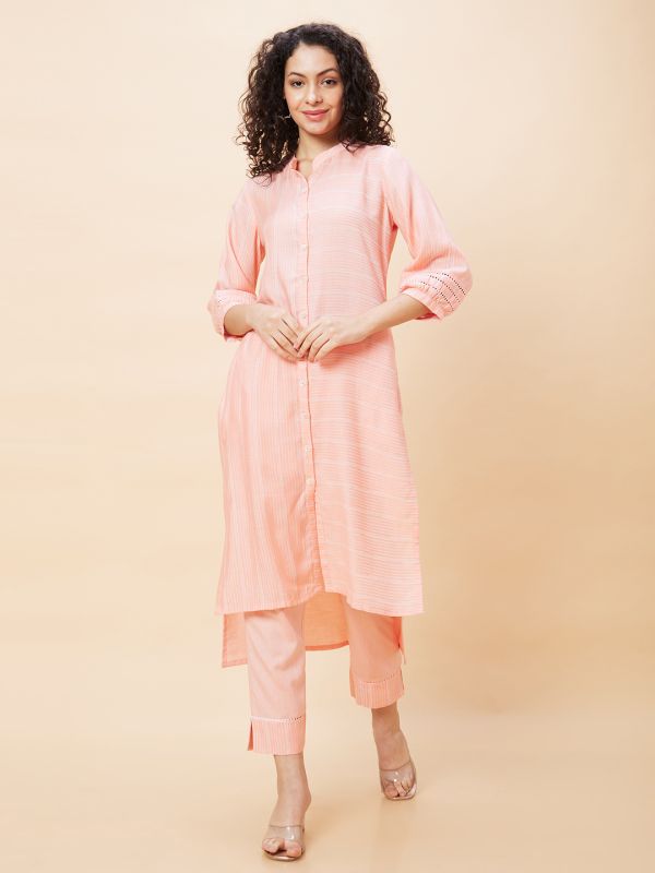 Globus Women Peach Striped Mandarin Collar High Low Dobby Straight Fusion Kurta Set with Trouser