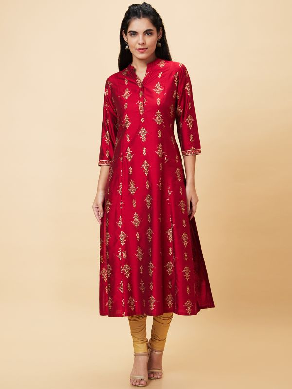 Globus Women Red Printed Mandarin Collar A-Line Kurta