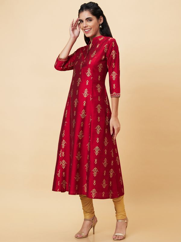 Globus Women Red Printed Mandarin Collar A-Line Kurta