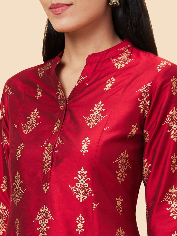 Globus Women Red Printed Mandarin Collar A-Line Kurta