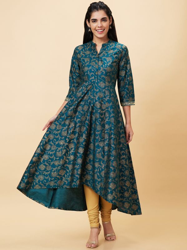 Globus Women Dark Green Printed Mandarin Collar A-Line Kurta