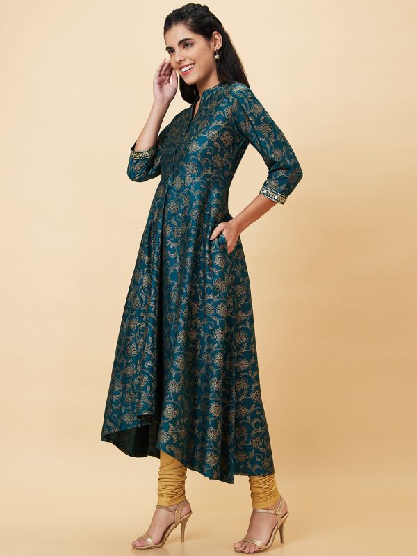 Globus Women Dark Green Printed Mandarin Collar A-Line Kurta