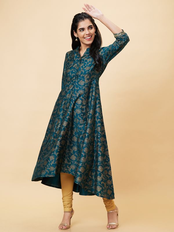 Globus Women Dark Green Printed Mandarin Collar A-Line Kurta