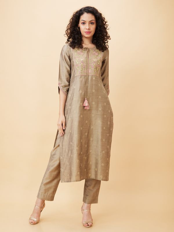 Globus Women Taupe Embroidered Straight Kurta Set with Trouser