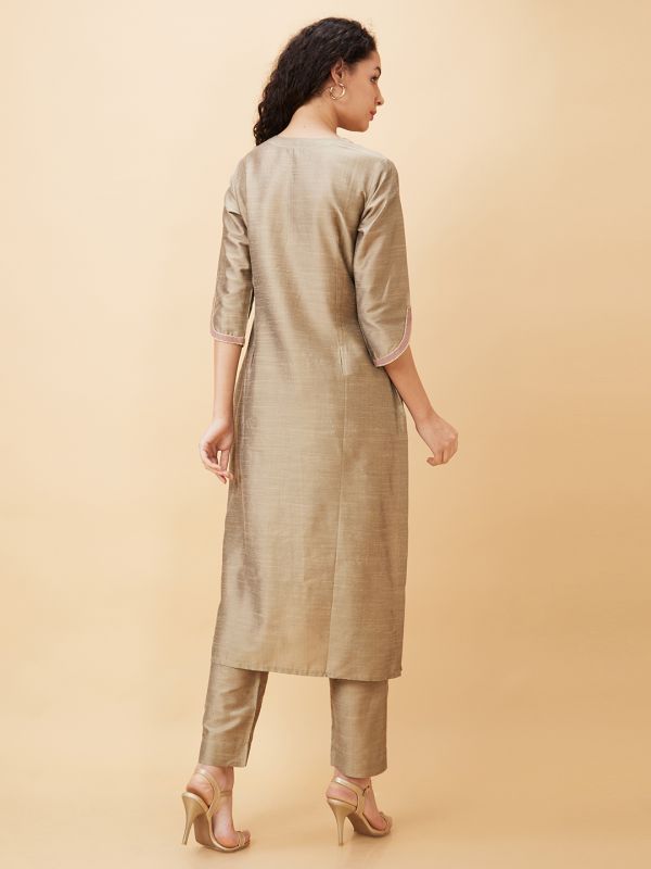 Globus Women Taupe Embroidered Straight Kurta Set with Trouser