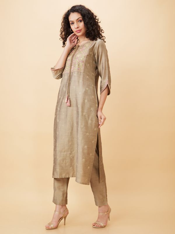 Globus Women Taupe Embroidered Straight Kurta Set with Trouser