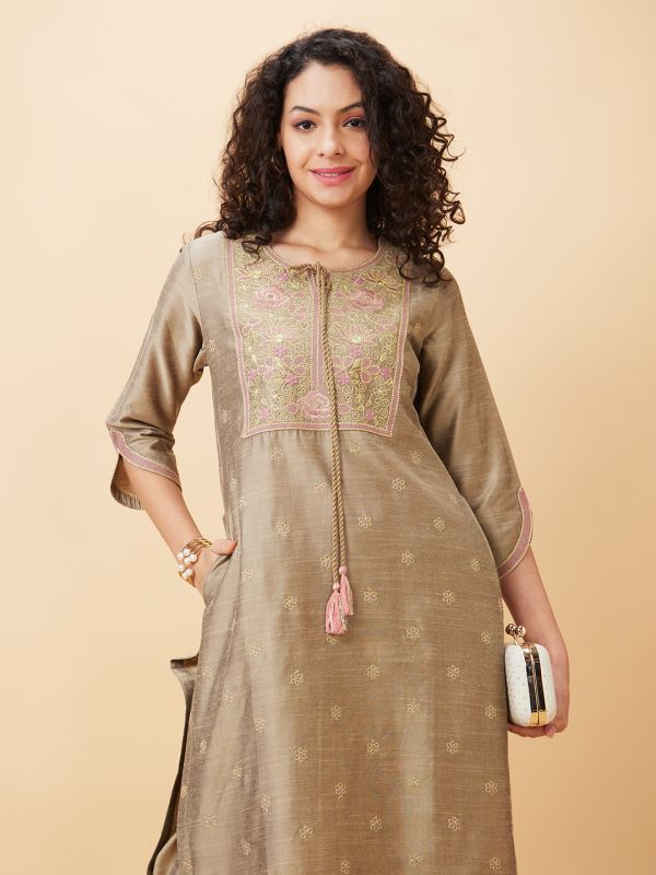 Globus Women Taupe Embroidered Straight Kurta Set with Trouser