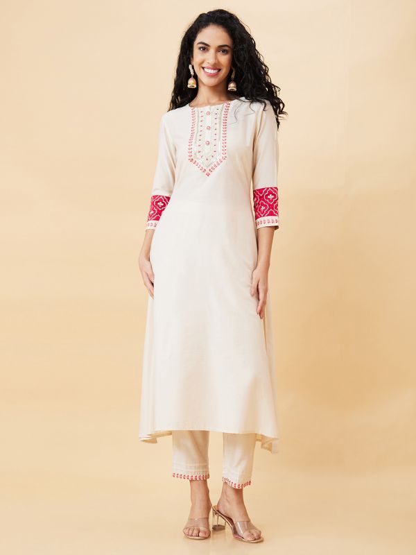 Globus Women Off White Embroidered Round Neck A-Line Kurta Set with Trouser