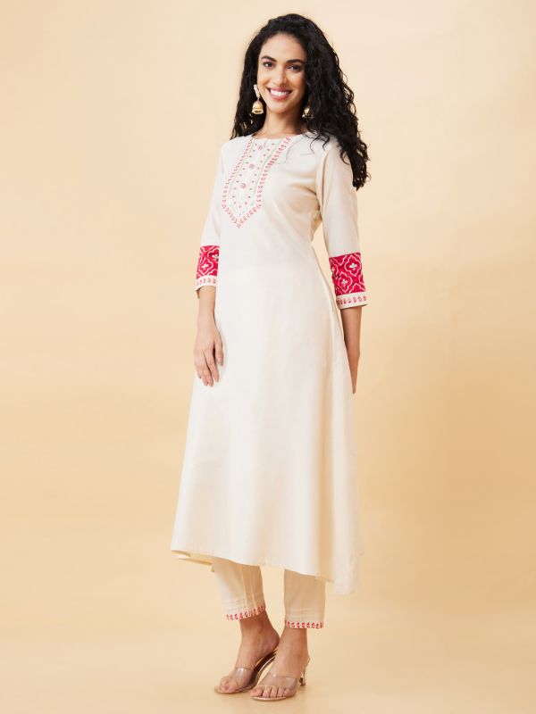 Globus Women Off White Embroidered Round Neck A-Line Kurta Set with Trouser