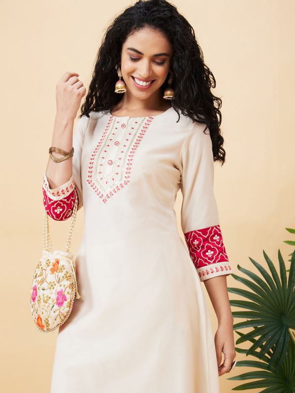 Globus Women Off White Embroidered Round Neck A-Line Kurta Set with Trouser