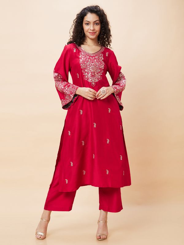 Globus Women Red Embroidered V-Neck Yoke Gota Patti Flared Sleeves Festive A-Line Kurta Set with Trouser