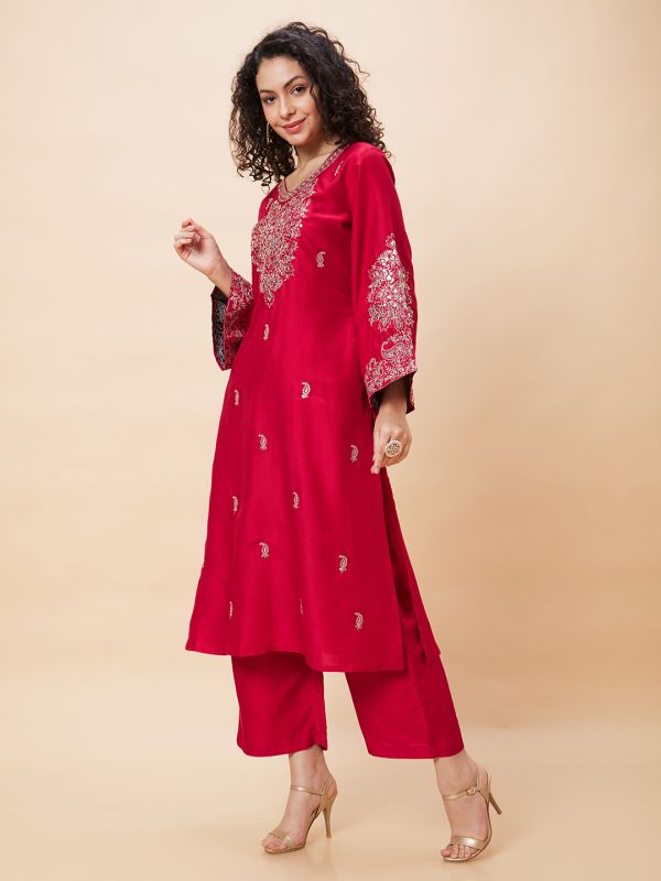 Globus Women Red Embroidered V-Neck Yoke Gota Patti Flared Sleeves Festive A-Line Kurta Set with Trouser