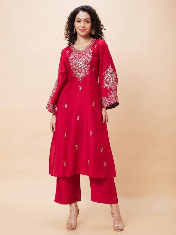 Globus Women Red Embroidered V-Neck Yoke Gota Patti Flared Sleeves Festive A-Line Kurta Set with Trouser