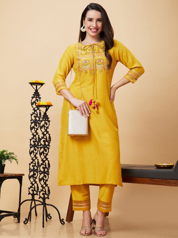 Globus Women Yellow Floral Yoke Embroidered Tie-Up Neck Festive Straight Kurta Set with Trouser