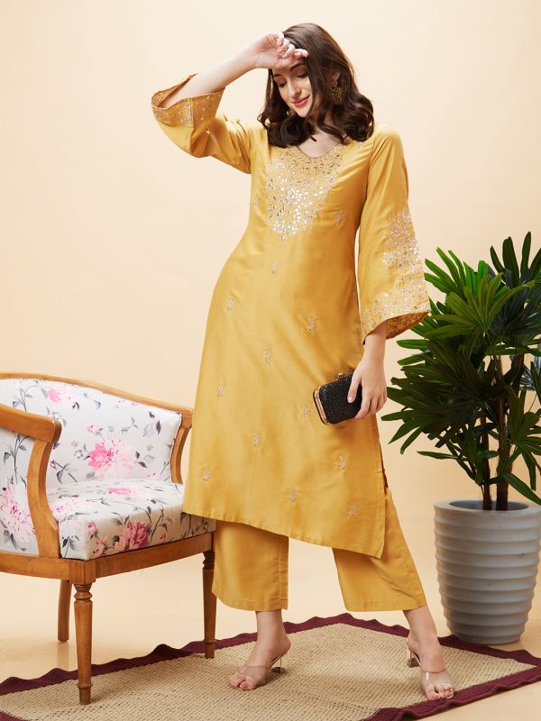 Globus Women Yellow Embroidered V-Neck Gota Patti Festive Straight Kurta Set With Palazzo