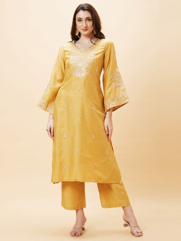 Globus Women Yellow Embroidered V-Neck Gota Patti Festive Straight Kurta Set With Palazzo