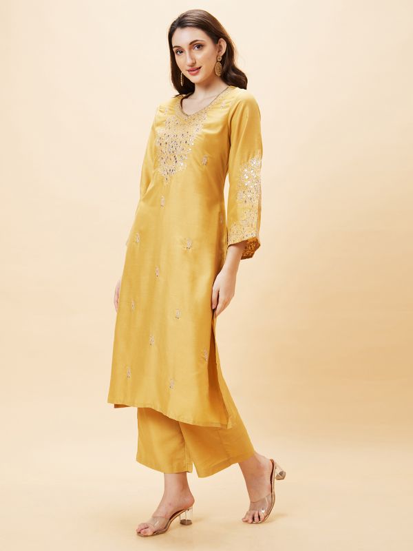 Globus Women Yellow Embroidered V-Neck Gota Patti Festive Straight Kurta Set With Palazzo