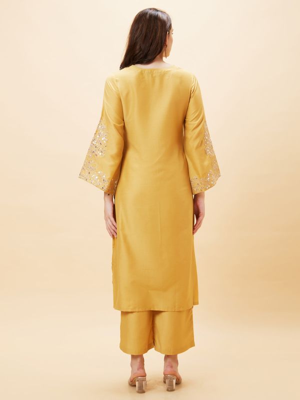 Globus Women Yellow Embroidered V-Neck Gota Patti Festive Straight Kurta Set With Palazzo