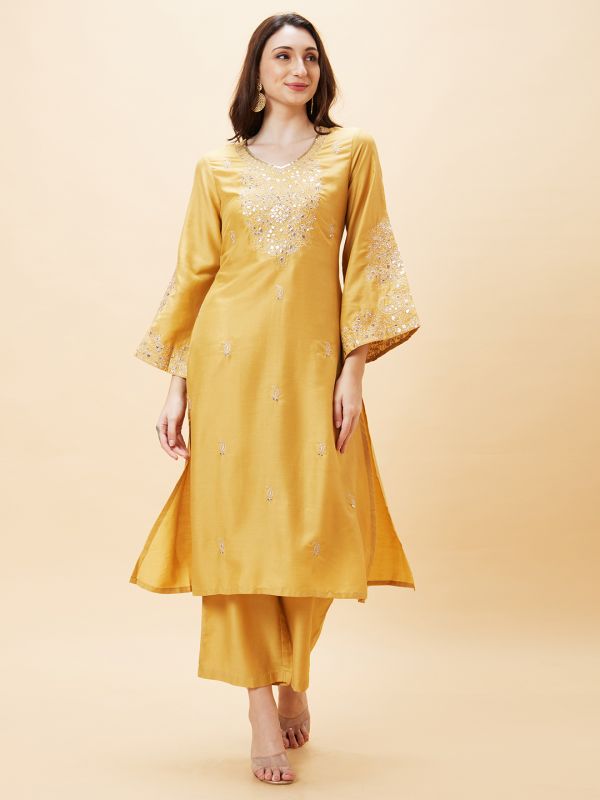 Globus Women Yellow Embroidered V-Neck Gota Patti Festive Straight Kurta Set With Palazzo