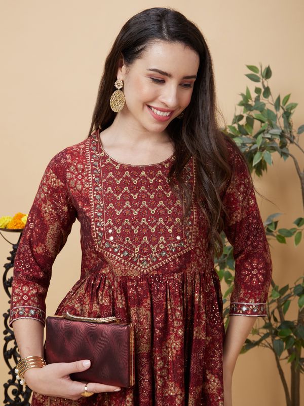 Globus Women Maroon Ethnic Motifs Print Yoke Embroidered Round Neck Festive A-Line Peplum Kurta Set with Trouser