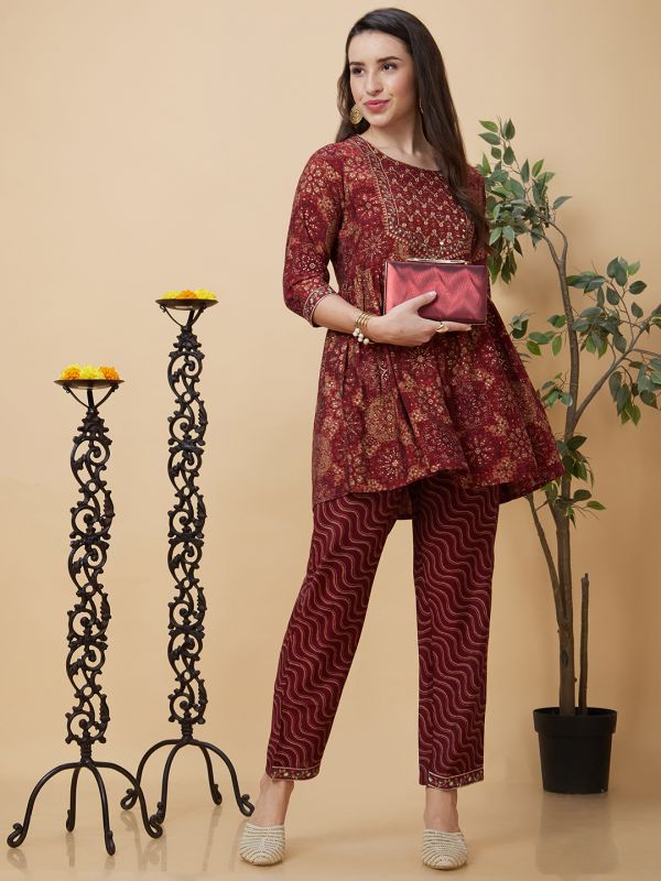 Globus Women Maroon Ethnic Motifs Print Yoke Embroidered Round Neck Festive A-Line Peplum Kurta Set with Trouser