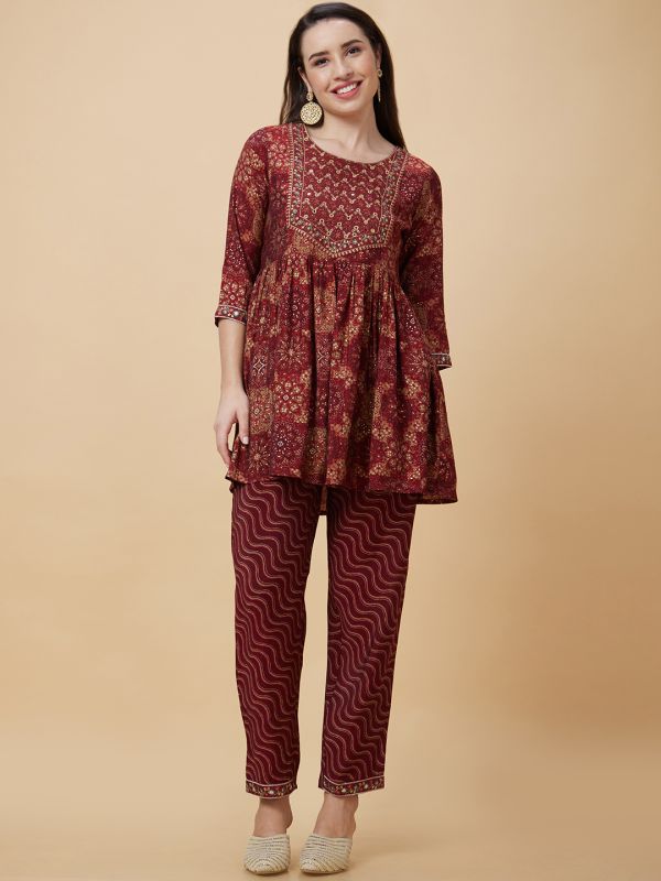 Globus Women Maroon Ethnic Motifs Print Yoke Embroidered Round Neck Festive A-Line Peplum Kurta Set with Trouser