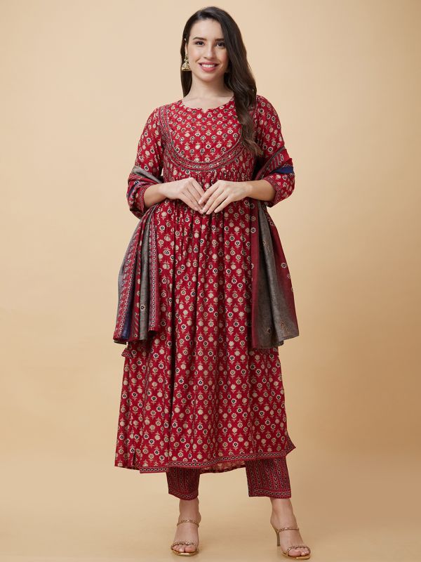 Globus Women Maroon Ethnic Motifs Print 3-Piece Festive Anarkali Kurta Set with Trouser and Dupatta