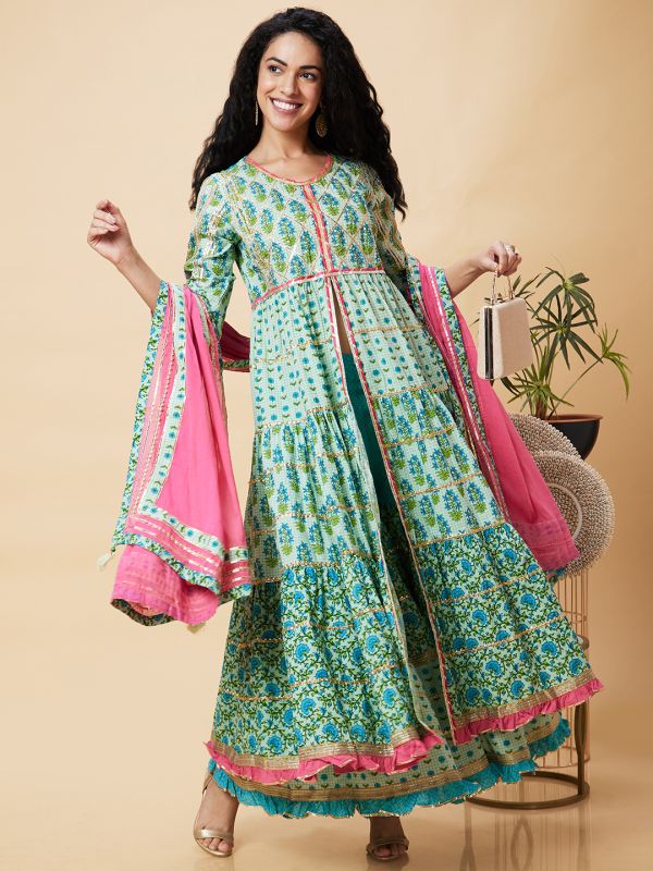 Globus Women Green Printed Festive Front Slit Tiered Anarkali Kurta Set With Sharara And Dupatta