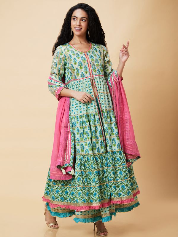 Globus Women Green Printed Festive Front Slit Tiered Anarkali Kurta Set With Sharara And Dupatta