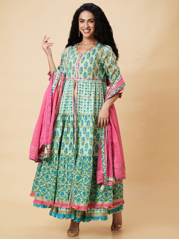 Globus Women Green Printed Festive Front Slit Tiered Anarkali Kurta Set With Sharara And Dupatta