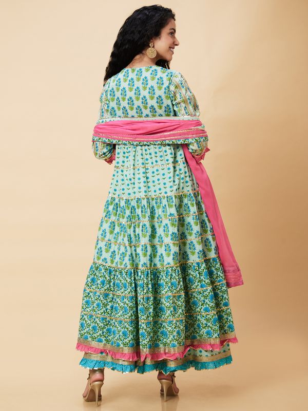 Globus Women Green Printed Festive Front Slit Tiered Anarkali Kurta Set With Sharara And Dupatta