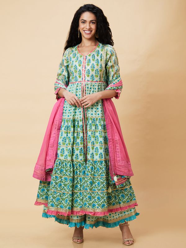 Globus Women Green Printed Festive Front Slit Tiered Anarkali Kurta Set With Sharara And Dupatta