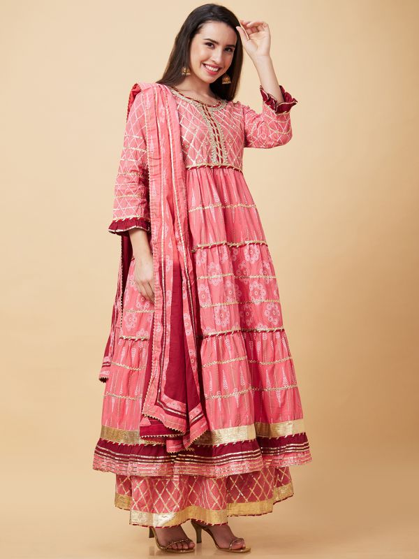 Globus Women Pink Ethnic Motifs Print 3-Piece Festive Anarkali Kurta Set with Sharara and Dupatta