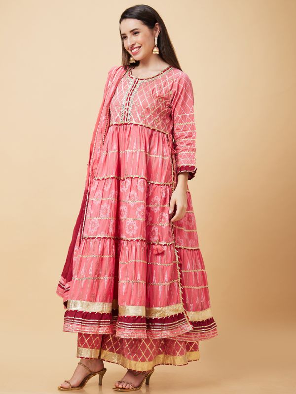 Globus Women Pink Ethnic Motifs Print 3-Piece Festive Anarkali Kurta Set with Sharara and Dupatta