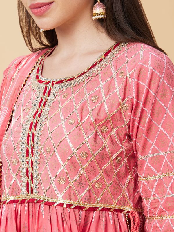 Globus Women Pink Ethnic Motifs Print 3-Piece Festive Anarkali Kurta Set with Sharara and Dupatta