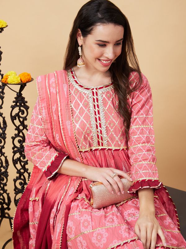 Globus Women Pink Ethnic Motifs Print 3-Piece Festive Anarkali Kurta Set with Sharara and Dupatta