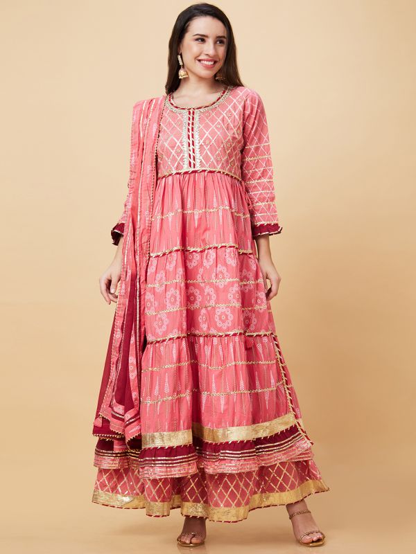 Globus Women Pink Ethnic Motifs Print 3-Piece Festive Anarkali Kurta Set with Sharara and Dupatta