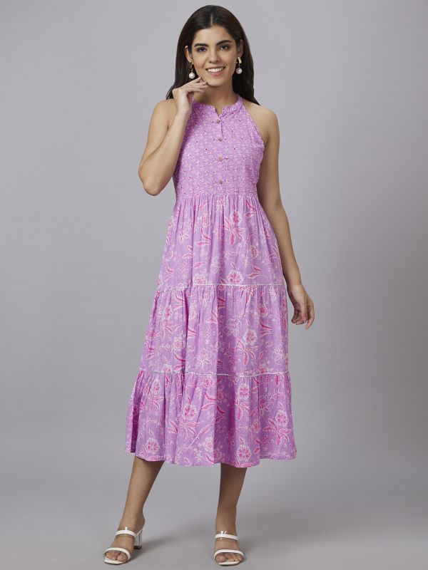 Globus Women Mauve Printed Mandarin Collar Fit and Flare Midi Tiered Dress