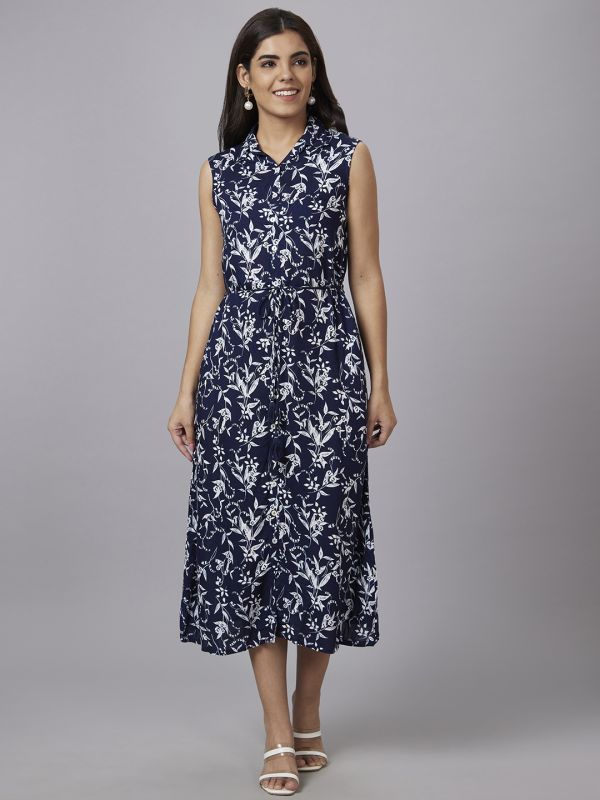 Globus Women Navy Printed Shirt Collar A-Line Midi Dress