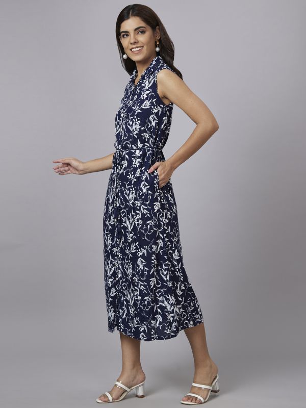 Globus Women Navy Printed Shirt Collar A-Line Midi Dress