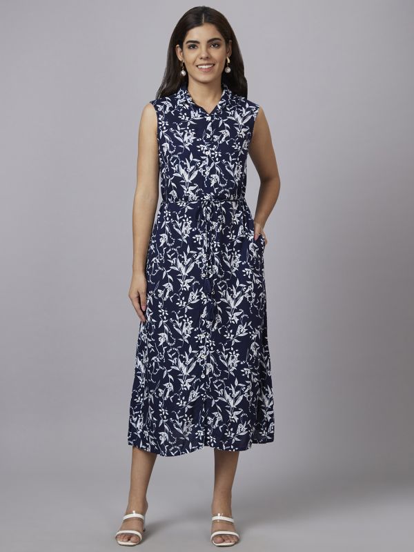 Globus Women Navy Printed Shirt Collar A-Line Midi Dress