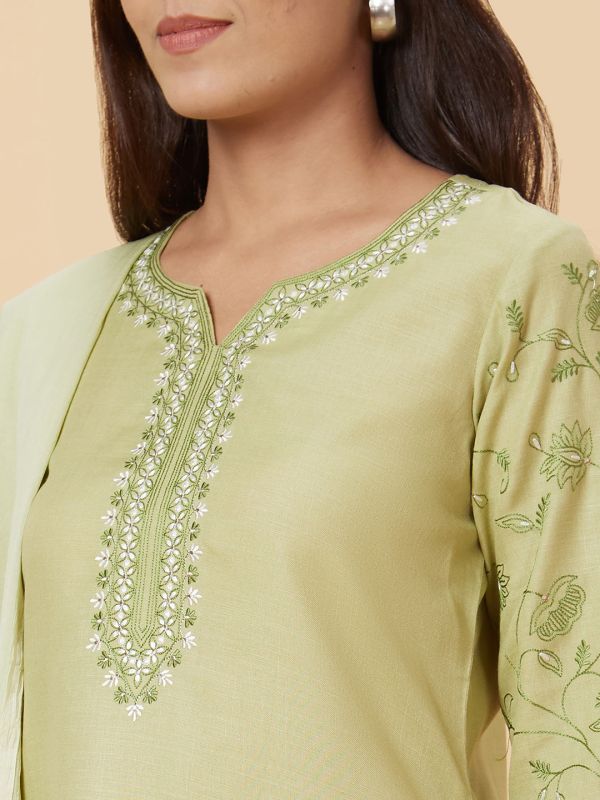 Globus Women Green Embroidered Kurta Set with Trouser