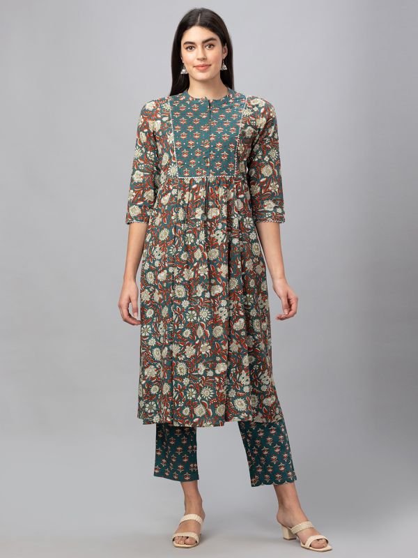 Globus Women Green Mandarin Collar Printed Panelled Kurta Set with Trouser